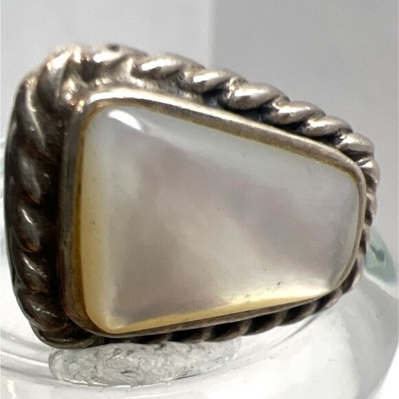 Vintage Sterling Silver MOP Ring Trapezoid Rope Edged Square Unisex Statement - Picture 3 of 6